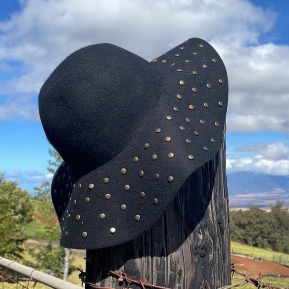BLACK Studded Black Wool Retro Boho Floppy Hat - Picture 3 of 6